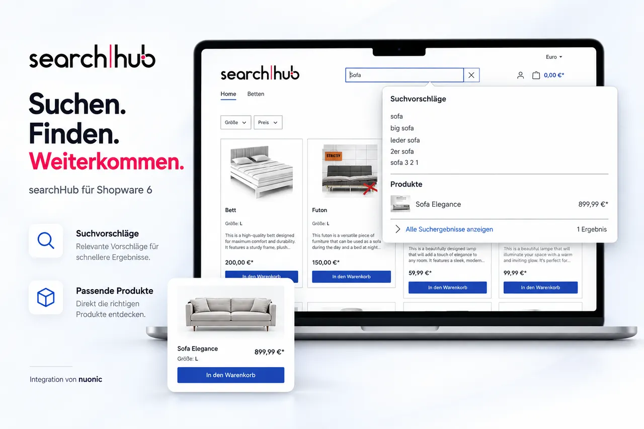 searchHub für Shopware 6 — Mockup mit Suchvorschlägen und Produktergebnissen