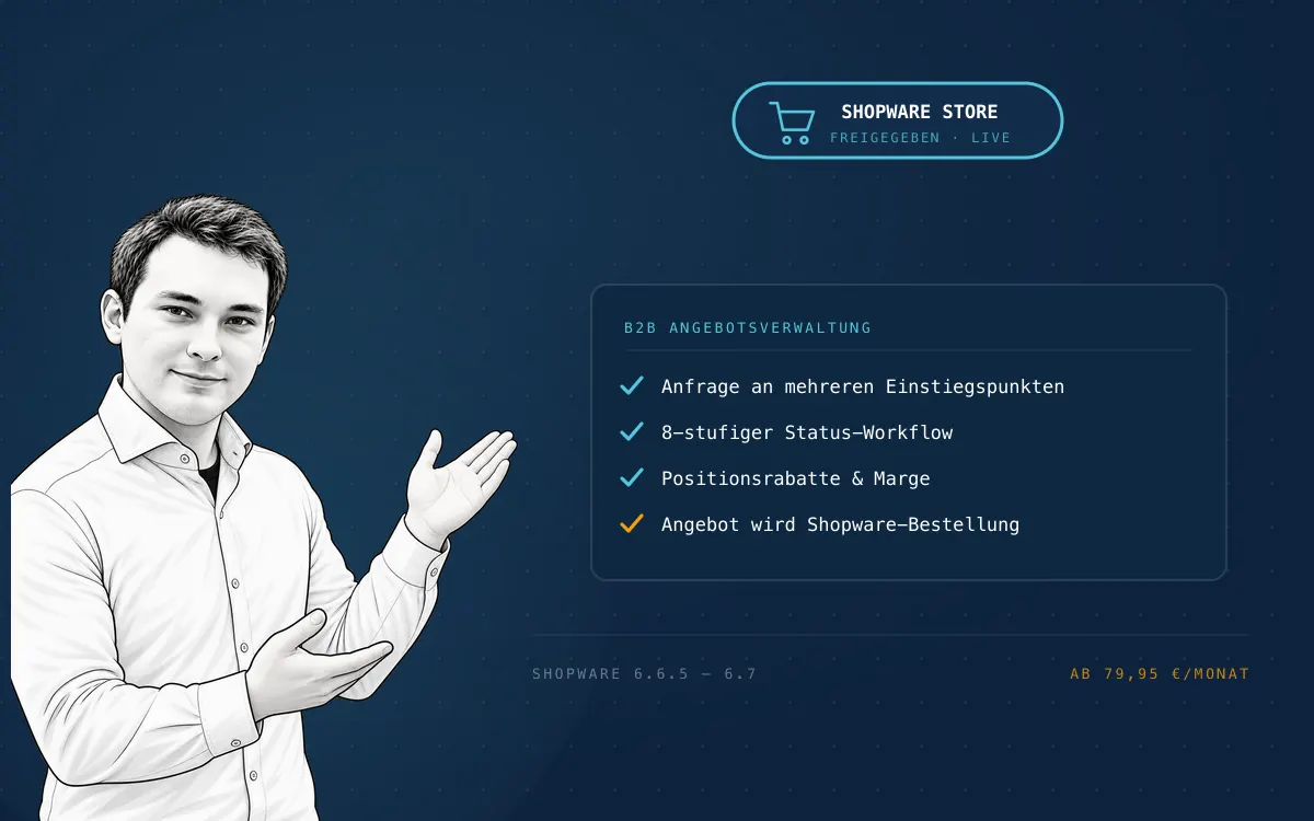 Benedikt Rillox präsentiert die im Shopware Store freigegebene nuonic-Erweiterung B2B Angebotsverwaltung mit Einstiegspunkten, Status-Workflow, Positionsrabatten und Umwandlung in eine Shopware-Bestellung