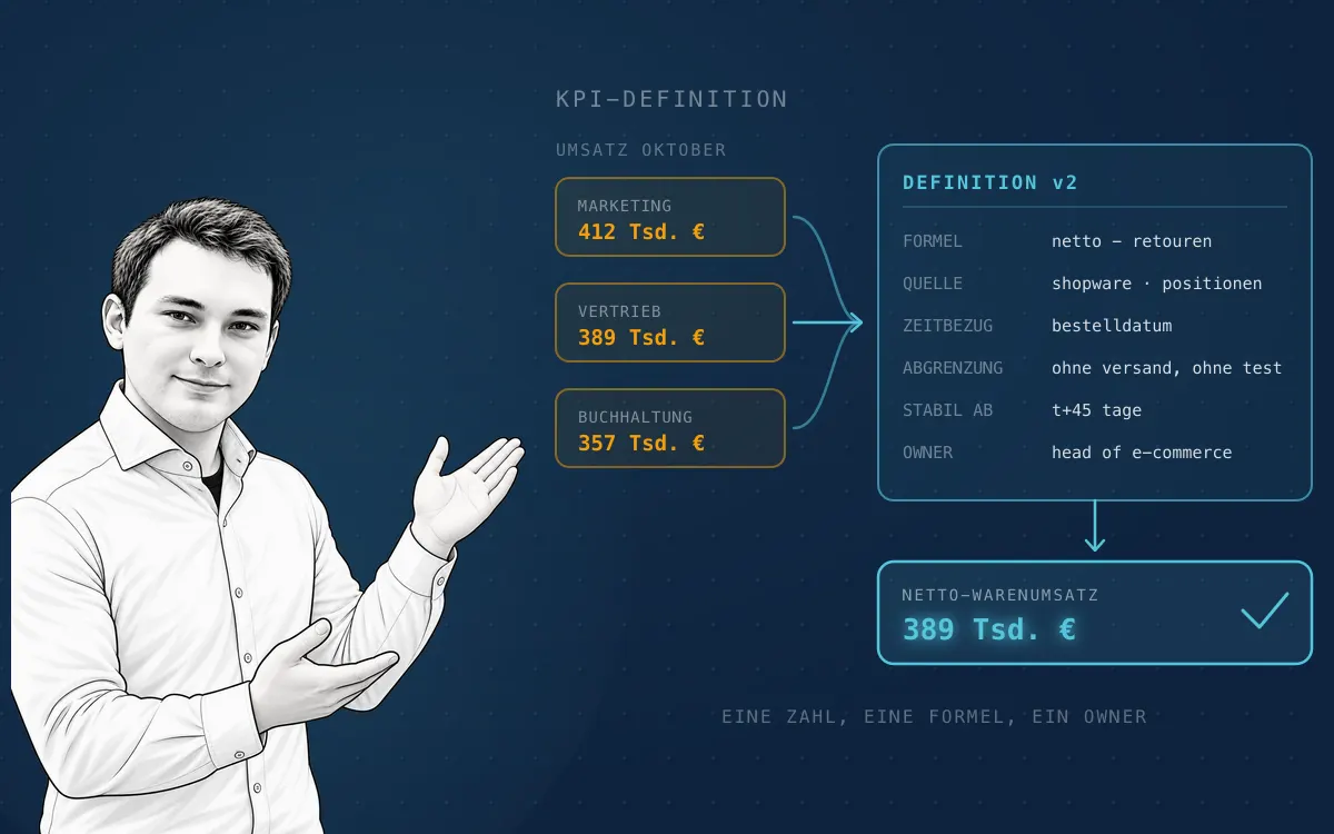 Benedikt Rillox erläutert eine KPI-Definition als Formel mit benannten Quellfeldern, Zeitbezug, Abgrenzung und Stabilitätsregel, aus der drei abweichende Umsatzwerte zu einem verbindlichen Wert zusammenlaufen