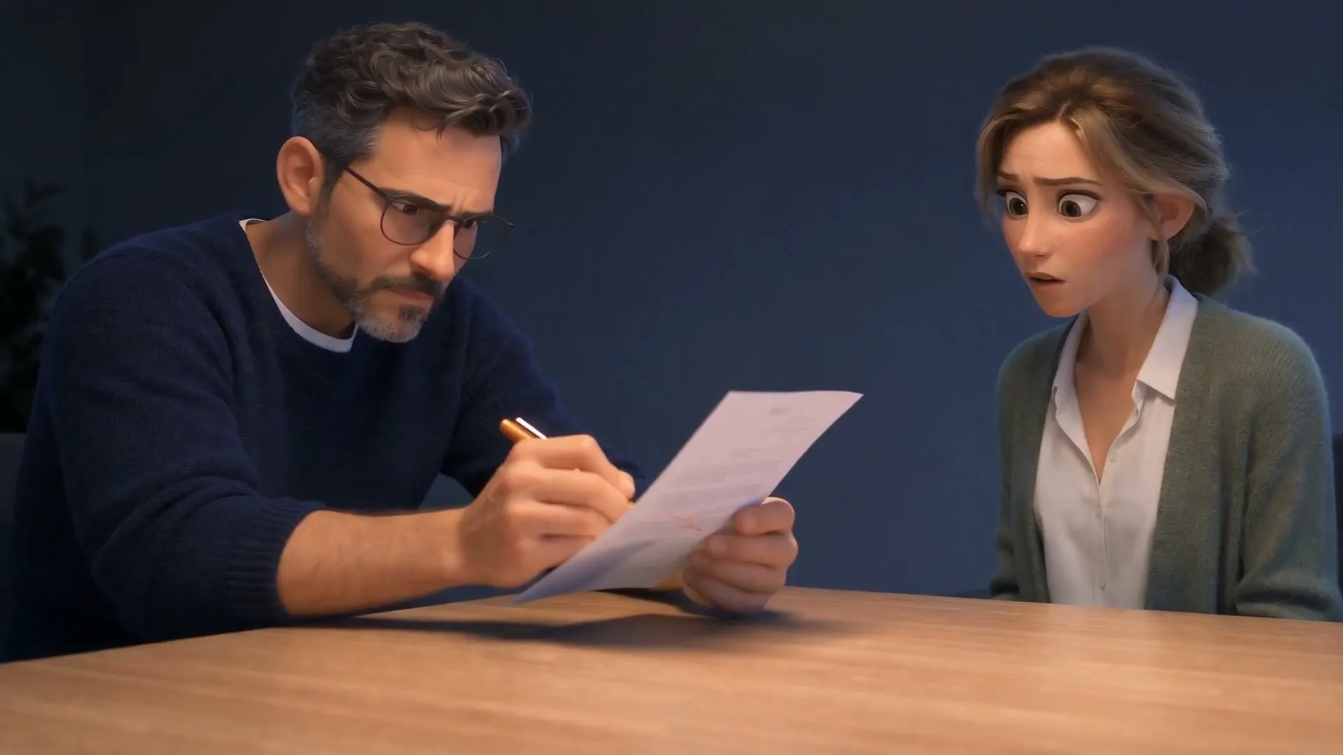 Szene aus dem nuonic-Film „Das erste ehrliche Gespräch“ — ein Berater streicht mit einem bernsteinfarbenen Stift Zeilen aus einer Wunschliste, die Shop-Betreiberin schaut überrascht zu