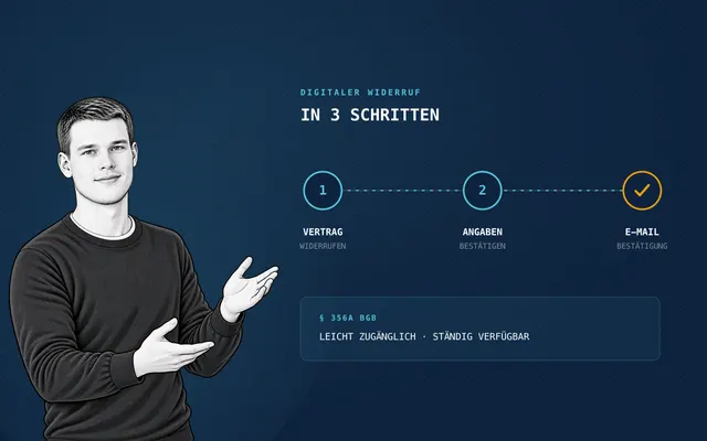 Alex Jank präsentiert den dreistufigen digitalen Widerrufsprozess mit Widerrufsfunktion, Bestätigung und E-Mail-Nachweis